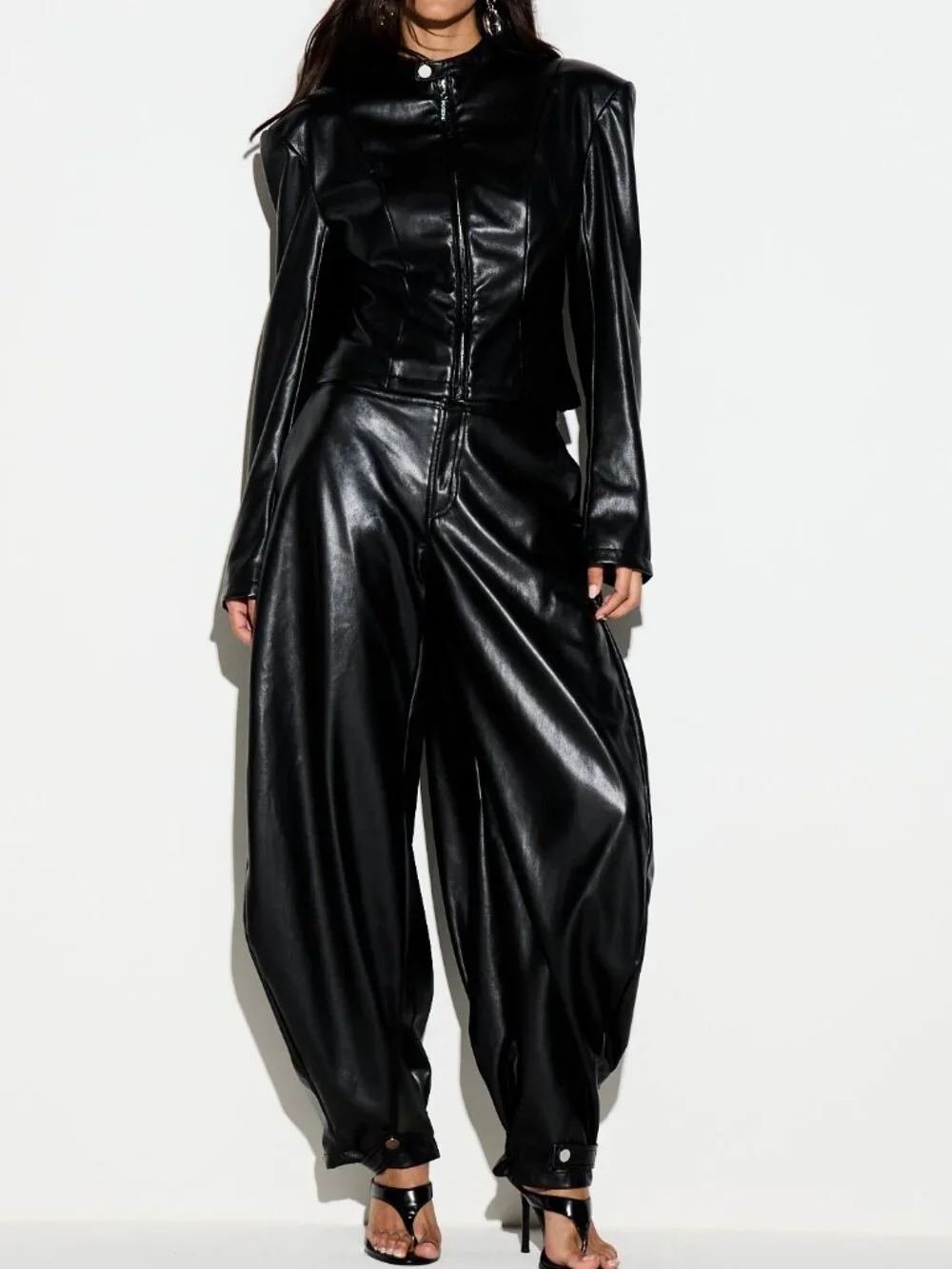 Black Party Women's Faux Leather Cropped Jacket With Stand Collar
